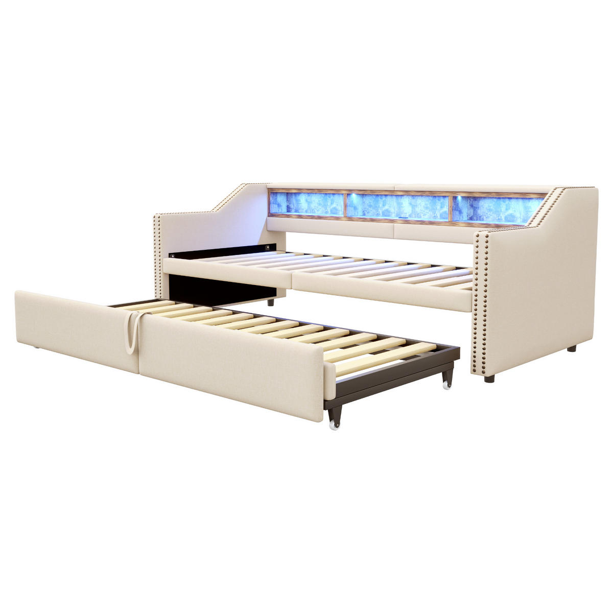 BETT mit Ausziehfunktion und USB-Anschluss Beige 90/200 cm - Beige, Textil (90/200cm) - OKWISH