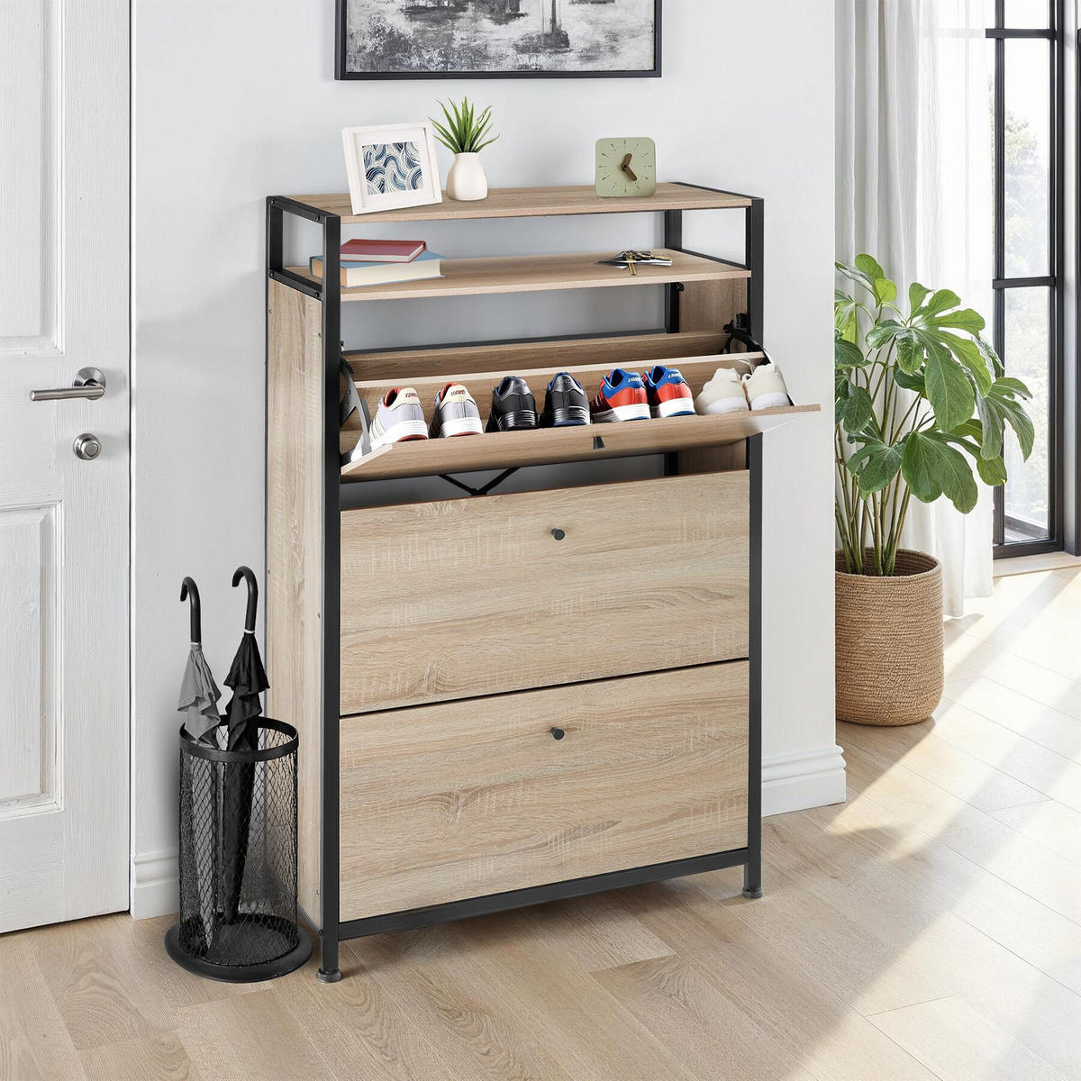 SCHUHSCHRANK Buffalo,inklusive Kippschutz, 81 x 32 x 130 cm,Industrial Holz hell, Eiche Sonoma - Naturfarben, Holzwerkstoff (32/130/81cm) - tectake