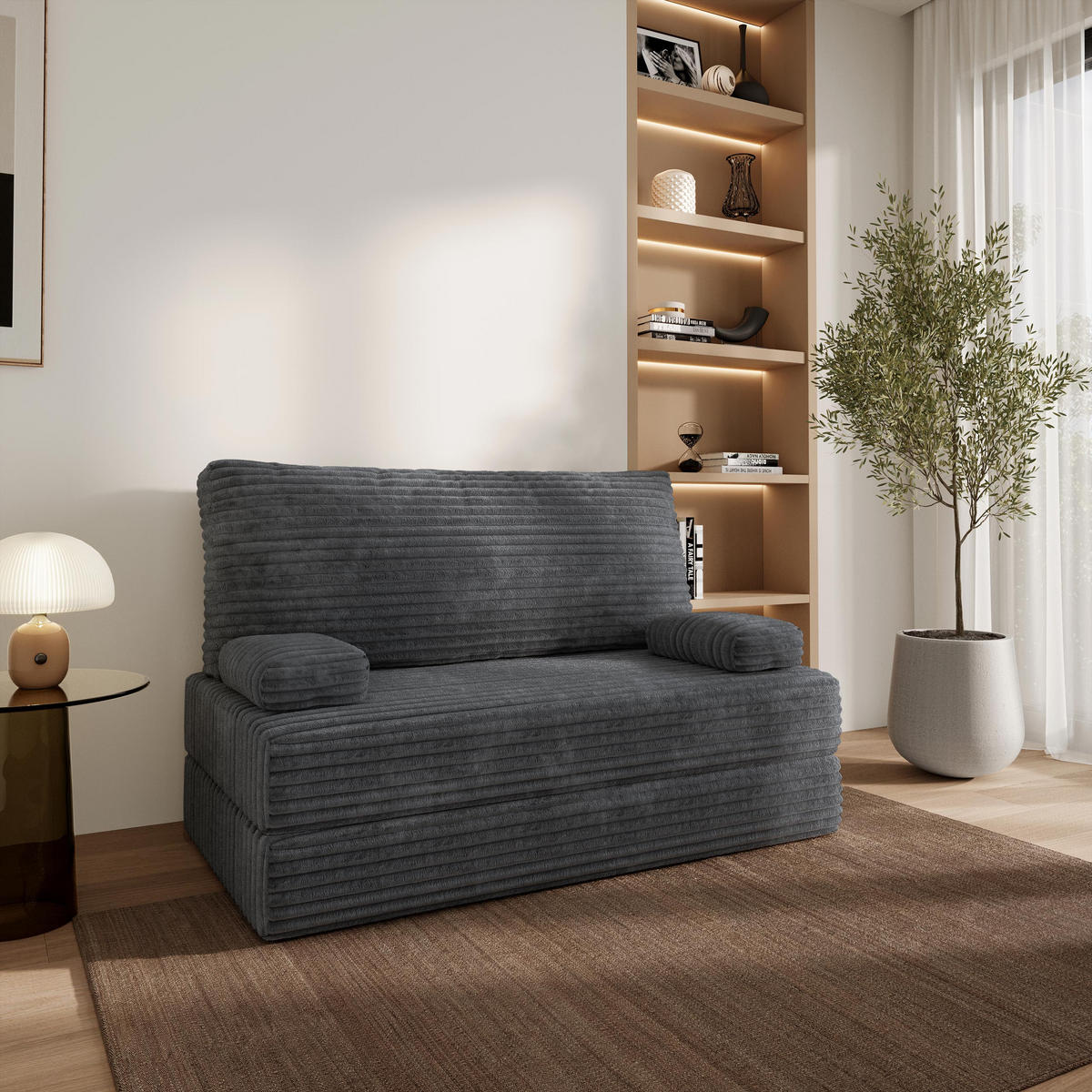 BETTSOFA LADIA aus Schaumstoff Cordstoff Grau Schlaffunktion - Dunkelgrau, Textil (140/86/60cm) - MASSENO