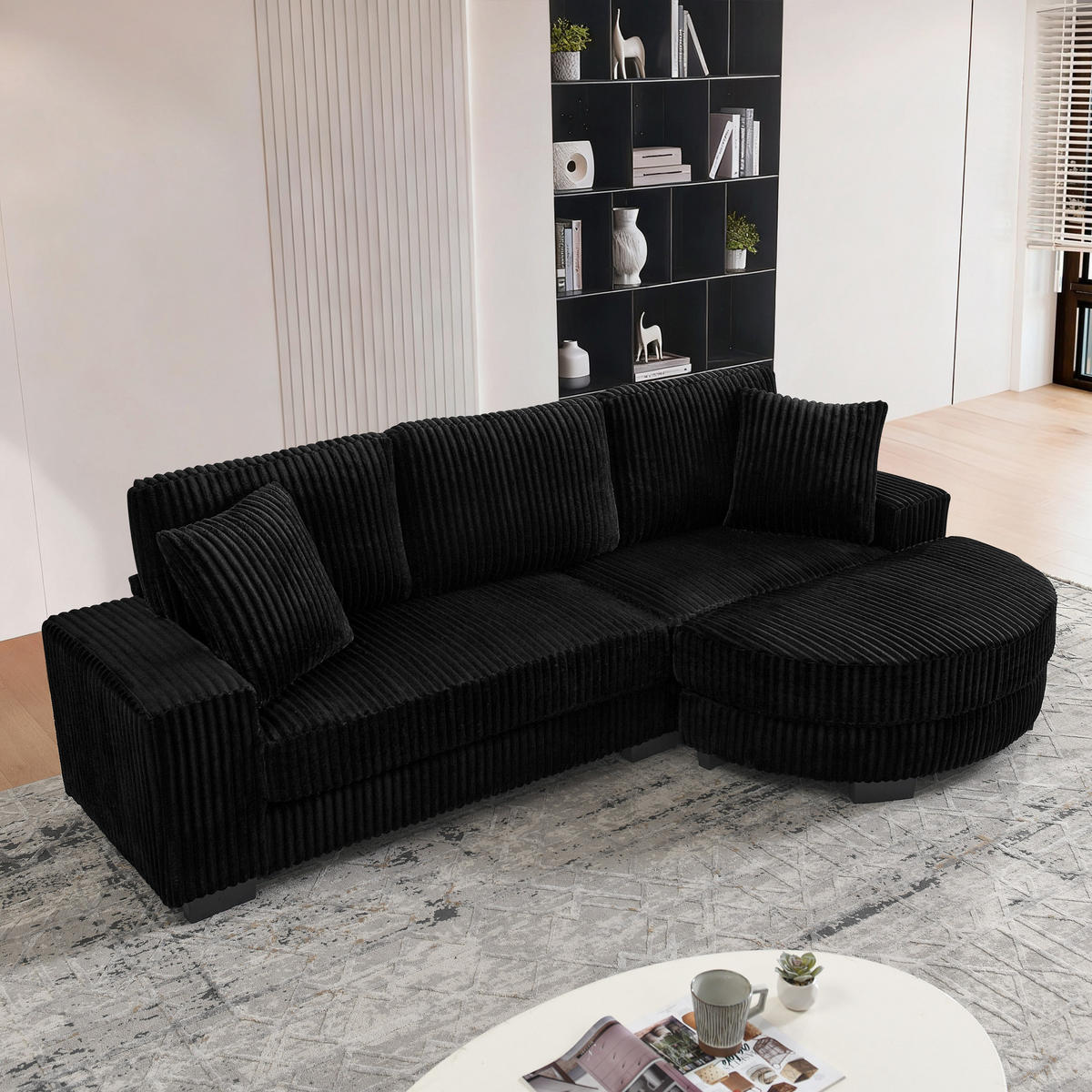 ECKSOFA 256.5/133.5/89 cm Schwarz Cord mit 2 Kissen und ovaler Fußhocker - Schwarz, Textil (133.5/89/256.5cm) - Oxeza