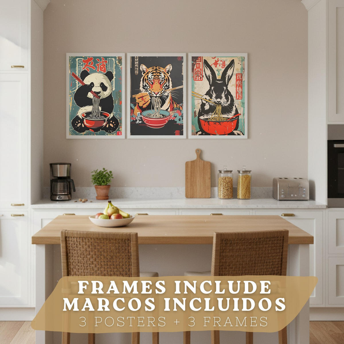 PLAKAT Sada 3 Ramen Animals A4 Bílý rám - bílá, papír (29.7/1/21cm) - Nacnic