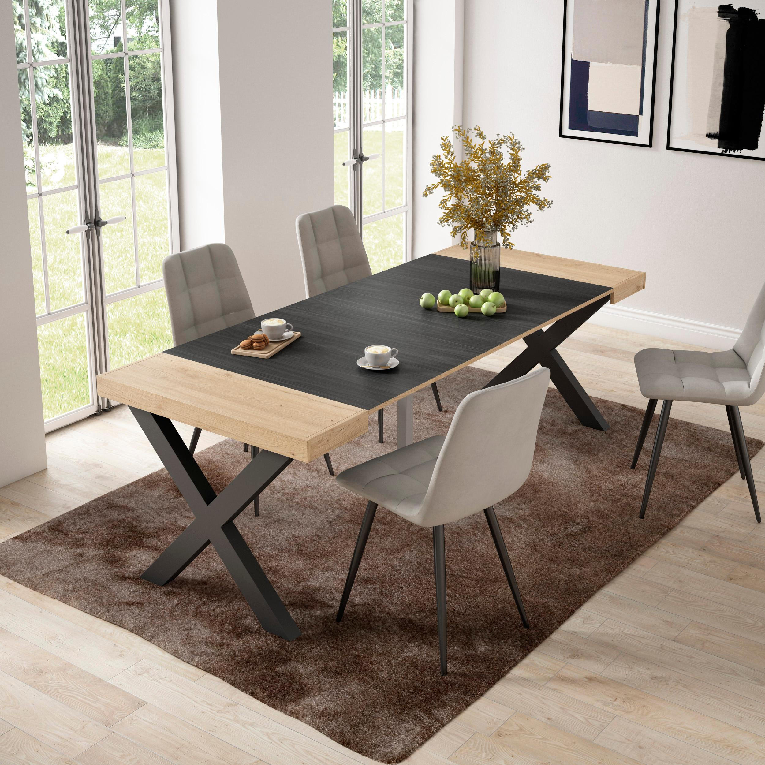 KONSOLENTISCH ausziehbar 58 bis 222cm, für 10 Gäste, eiche, schwarz, 90/58/73cm - Eichefarben/Schwarz, Holzwerkstoff (90/222/73cm) - Skraut Home