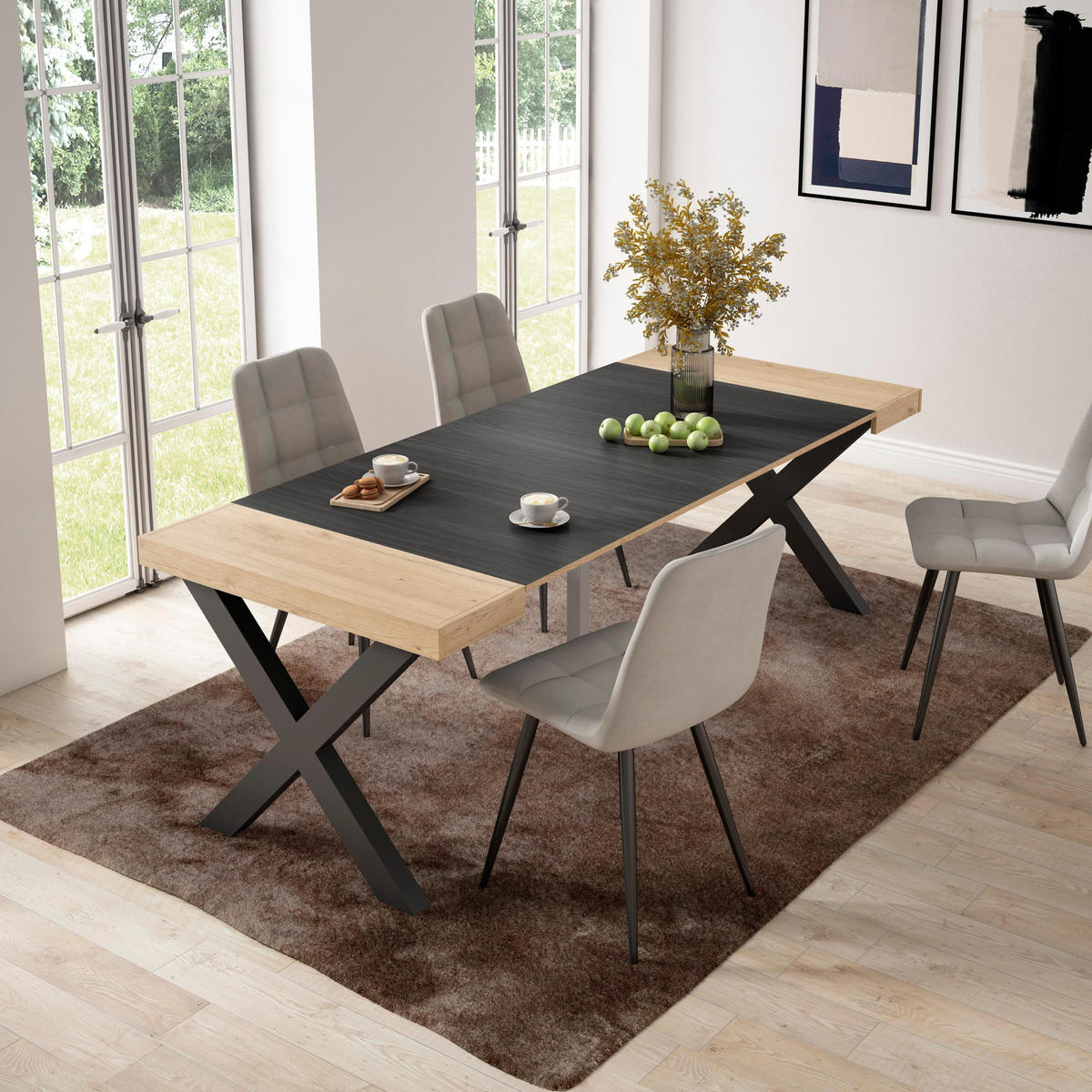 KONSOLENTISCH ausziehbar 58 bis 222cm, für 10 Gäste, eiche, schwarz, 90/58/73cm - Eichefarben/Schwarz, Holzwerkstoff (90/222/73cm) - Skraut Home