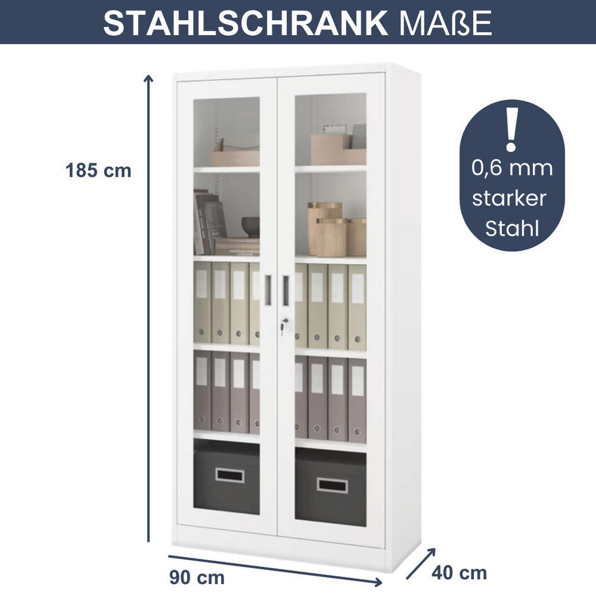 VITRINENSCHRANK abschließbar AMELIA mit Glastüren 185x90x40cm Weiß - Weiß, Metall (90/185/40cm) - Jan Nowak