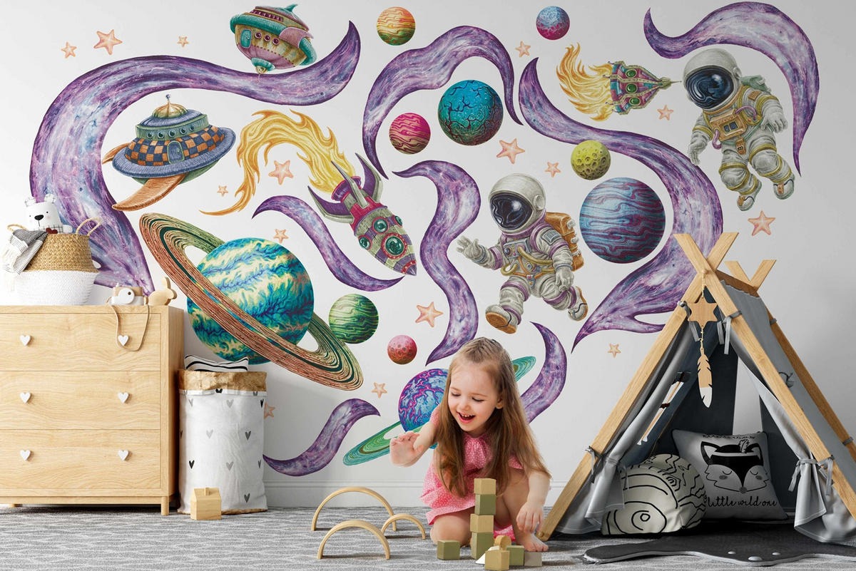 WANDAUFKLEBER 130x224cm - Planeten im Weltraum - Multicolor, Kunststoff (130/224/0.1cm) - Wallfluent