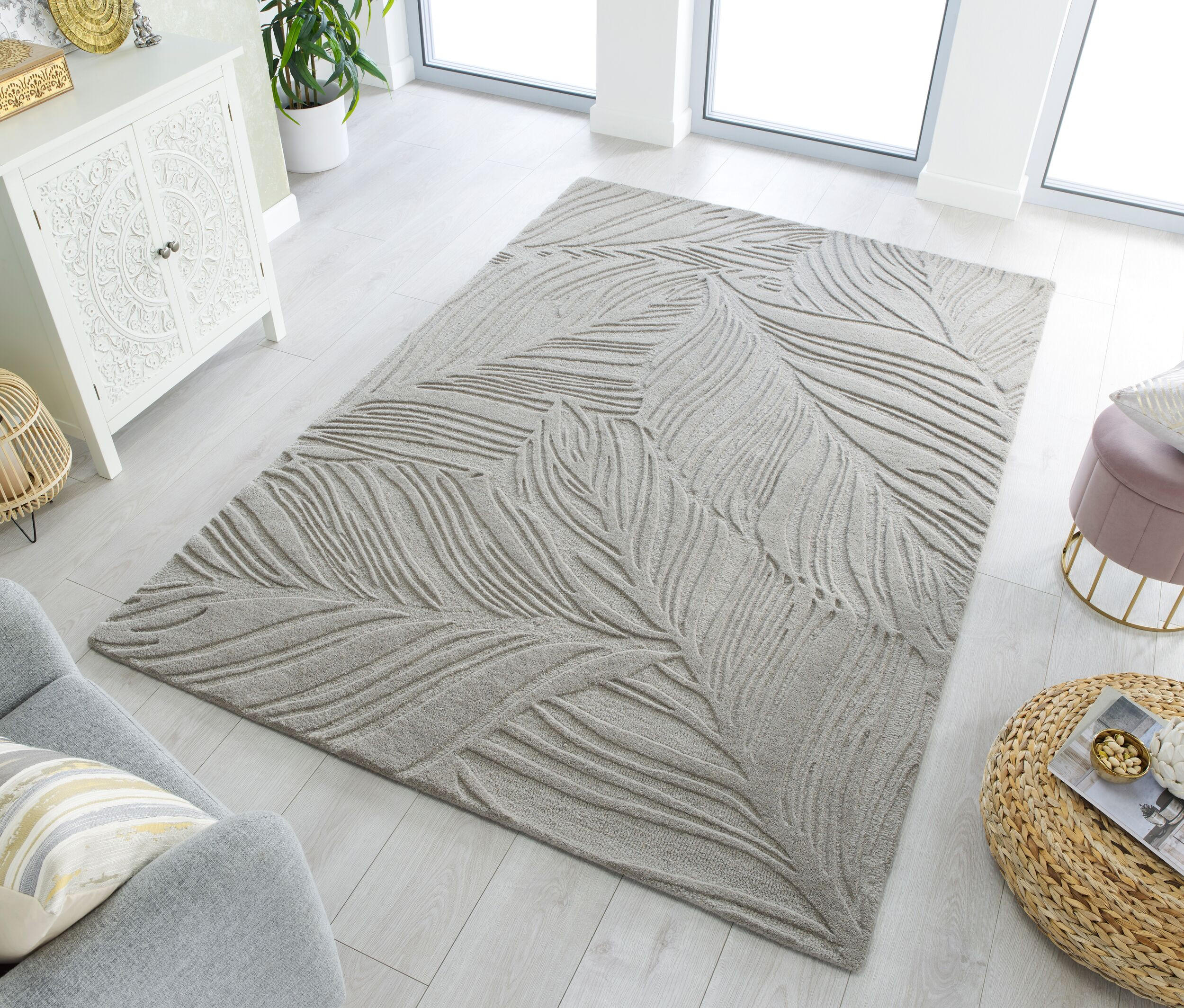WOLLTEPPICH Blatt-Design, handgetuftet LEVEN LEE, Grau 200x290 cm - Grau, Textil (200/290cm) - KADIMA DESIGN