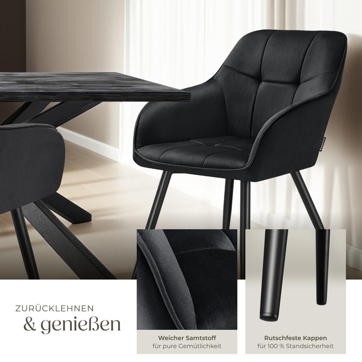 ESSZIMMERSTUHL 2er Set Marilyn 58 x 62 x 82 cm schwarz/schwarz - Schwarz, Kunststoff (58/82/62cm) - tectake