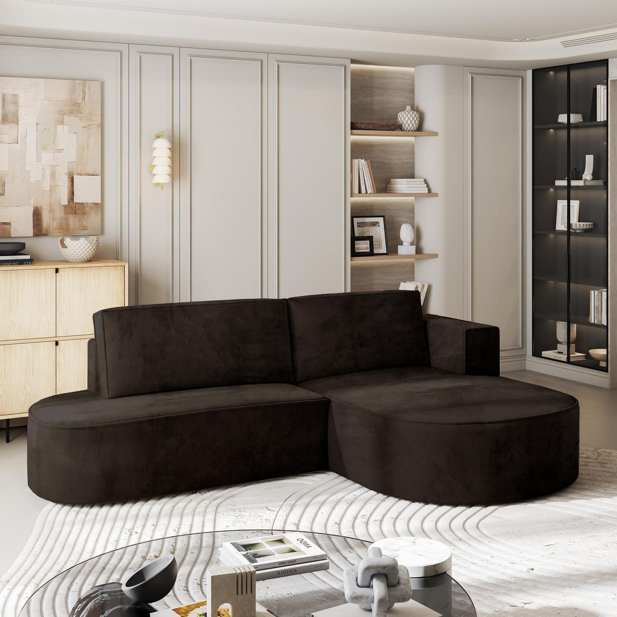 ROHOVÁ SEDAČKA CORTIO hnědá - šedá/hnědá, dřevo/textil (265/174cm) - MASSENO