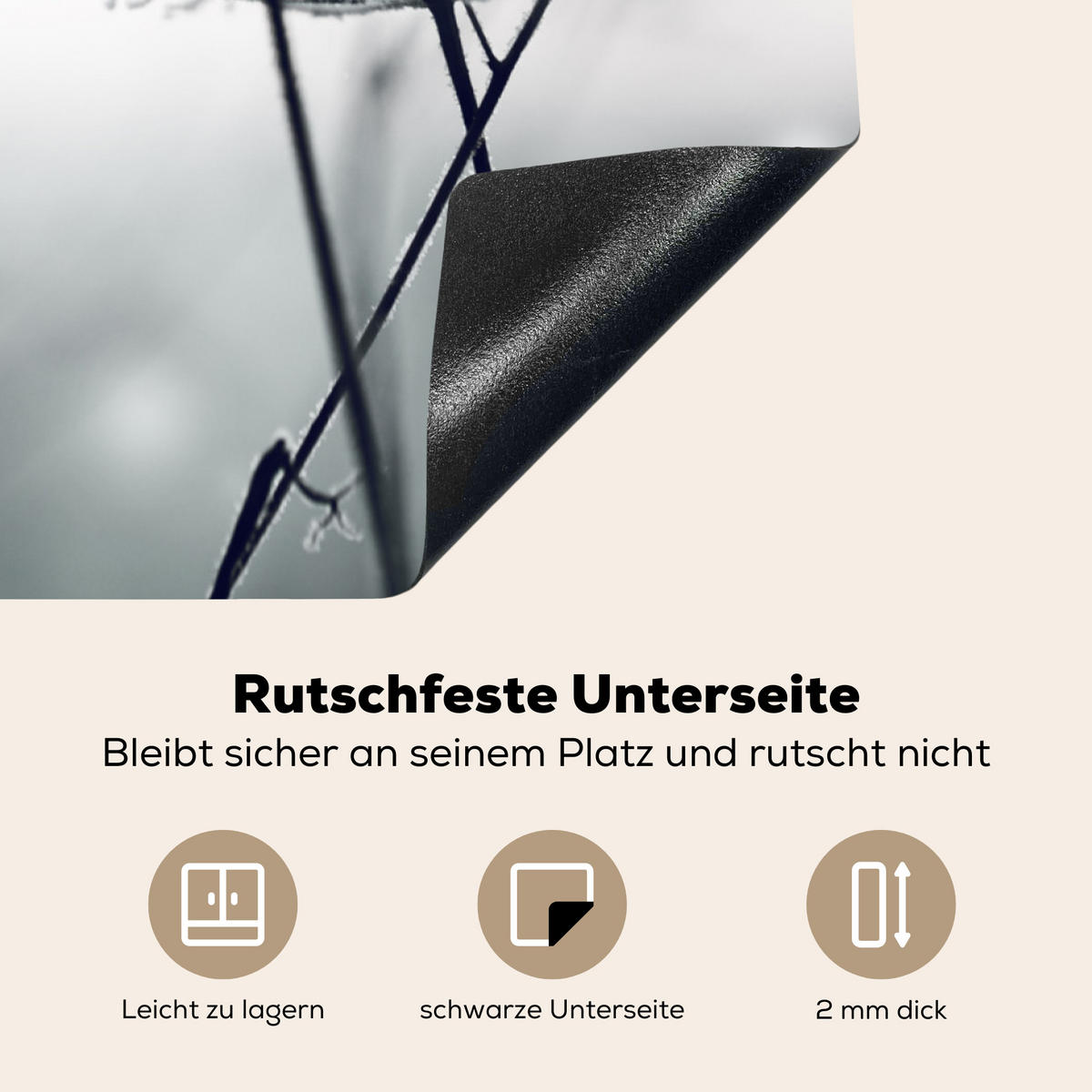 HERDABDECKPLATTE Blumen - Winter - Schnee - Natur Induktionsmatte 77x59 cm - Grau, Kunststoff (77/59/0.2cm) - MuchoWow