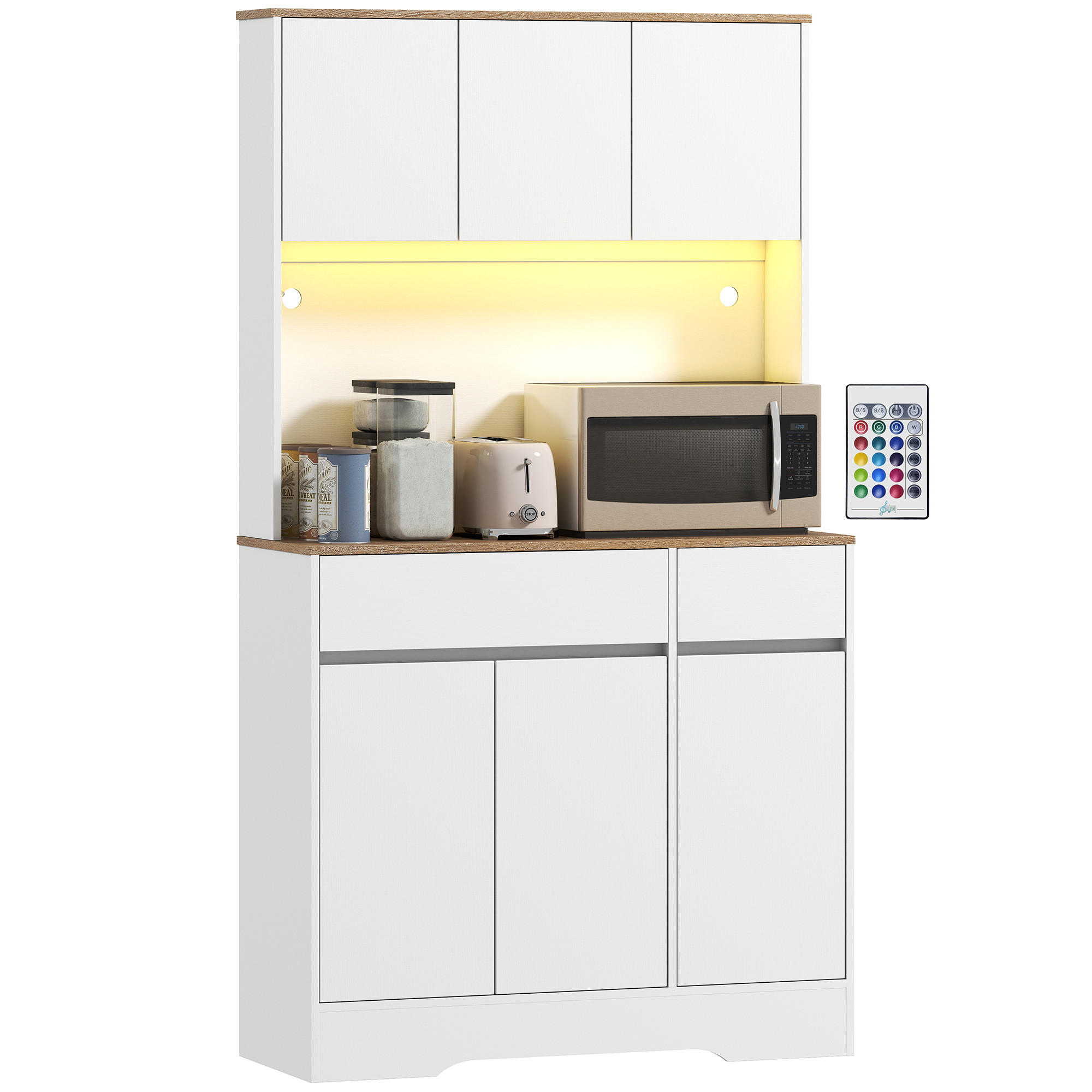 BUFFET DE-11308 LED-RGB, 6 Türen & 2 Schubladen mit Arbeitsplatte Weiß - Weiß, Holzwerkstoff (38/180/100cm) - ComfortXL