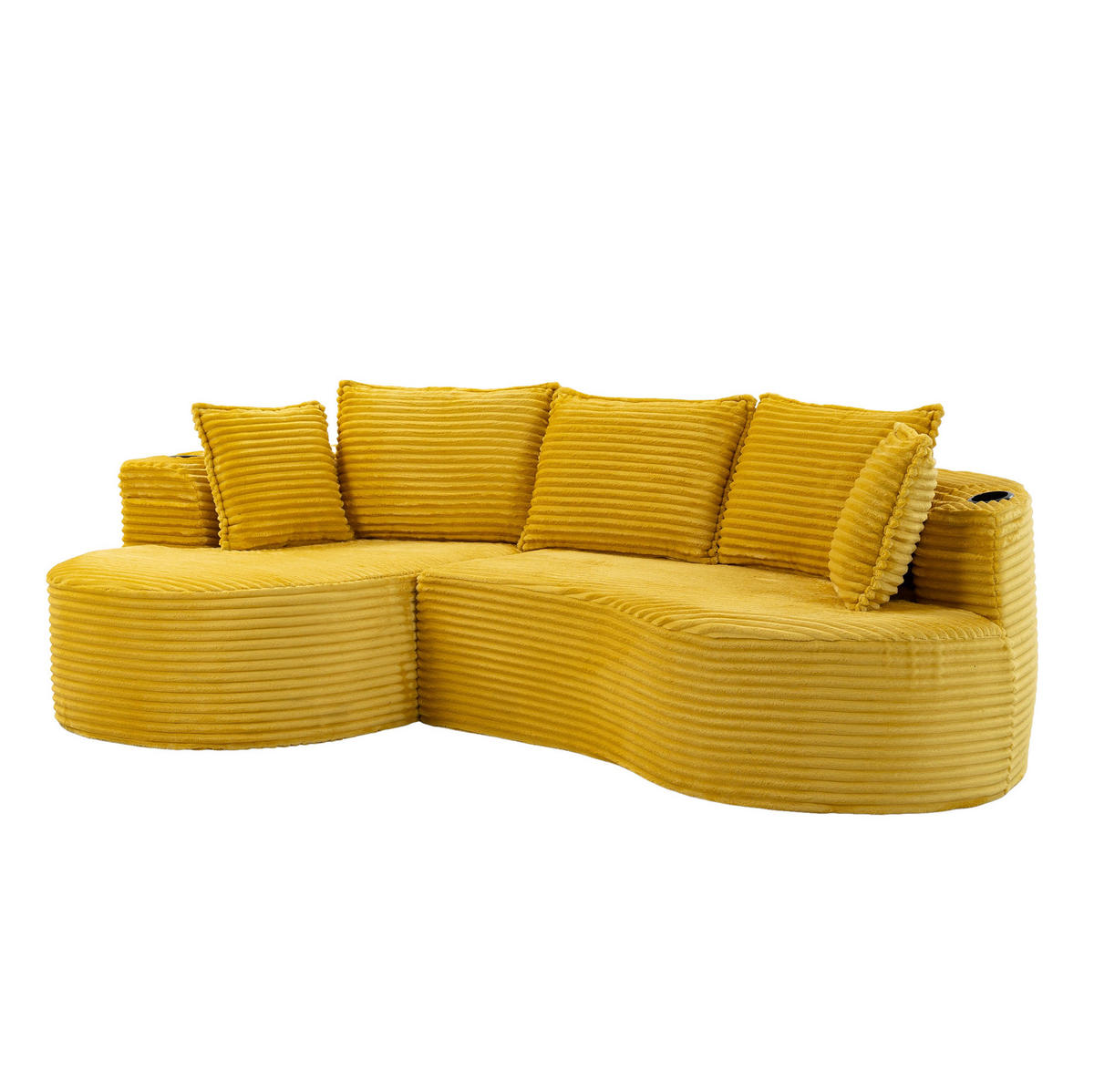 ECKSOFA aus Cord 250x152x82 cm Senfgelb mit Getränkehaltern, Seitentaschen und Kissen im modernen Bogendesign - Gelb, Textil (250/152cm) - Modfu