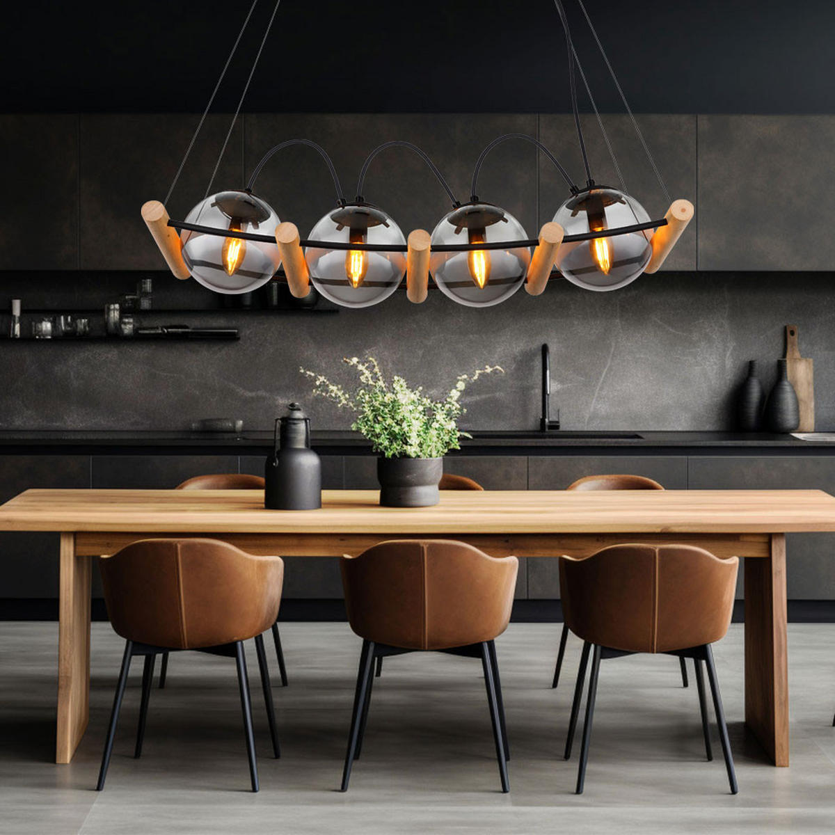 PENDELLEUCHTE Metall Schwarz-matt Glas Rauchfarben - Braun, Holz (75/22/120cm) - Globo Lighting