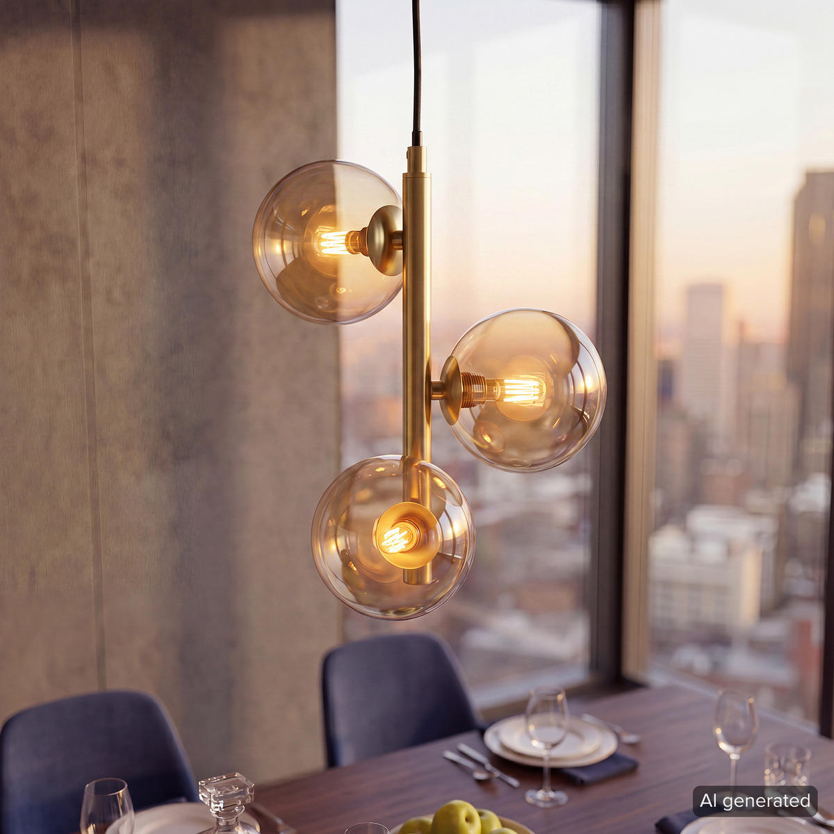 PENDELLEUCHTE - Metall / Glas - 3-flammig - Goldfarben/Bernsteinfarben, Glas/Metall (23/25/150cm) - home24