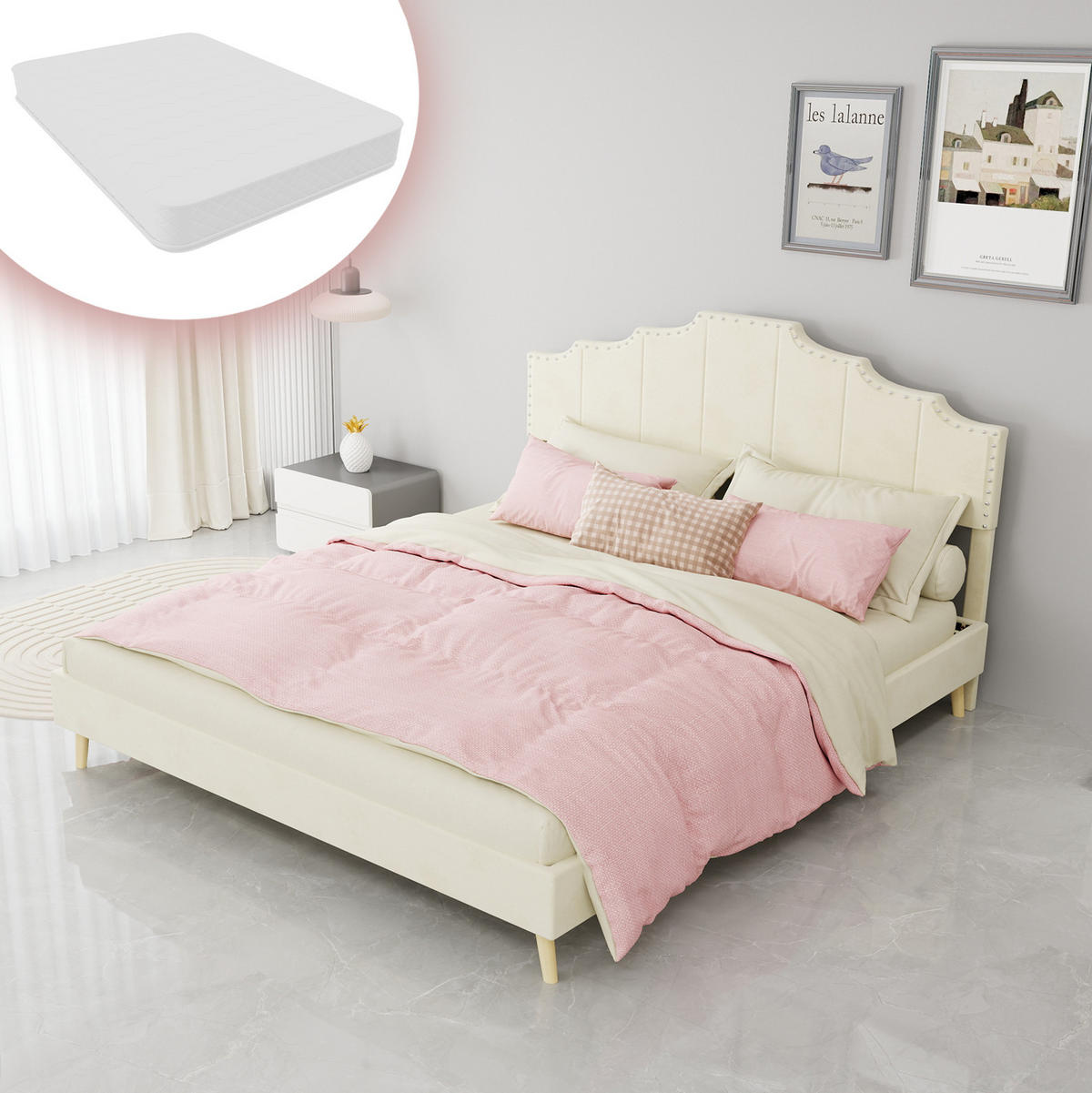 POLSTERBETT 160/200 cm mit Matratze, geometrischem Kopfteil und Lattenrost, Beige - Beige, Textil (160/200cm) - Redom