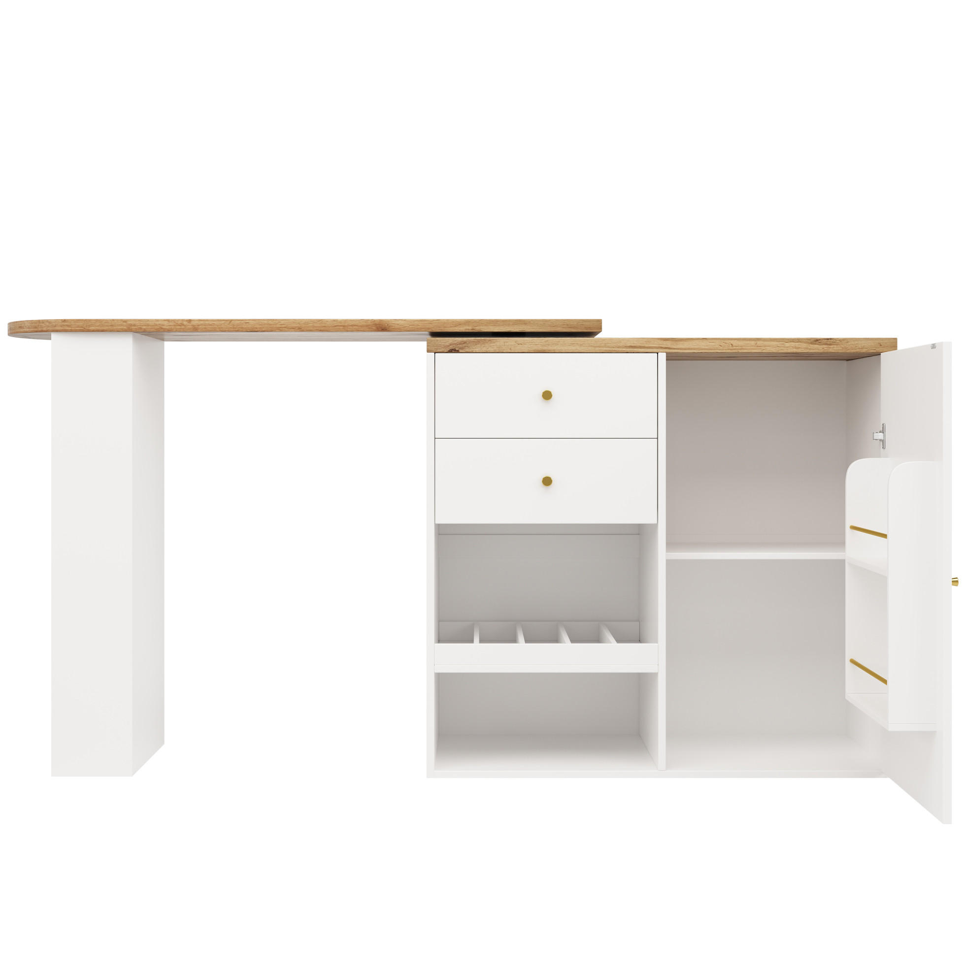 BARSKA miza 138/39/104 cm z vrtljivimi stranskimi regali, 4 predali in odprtimi policami, bela - bela, leseni material (39/102/105cm) - Redom