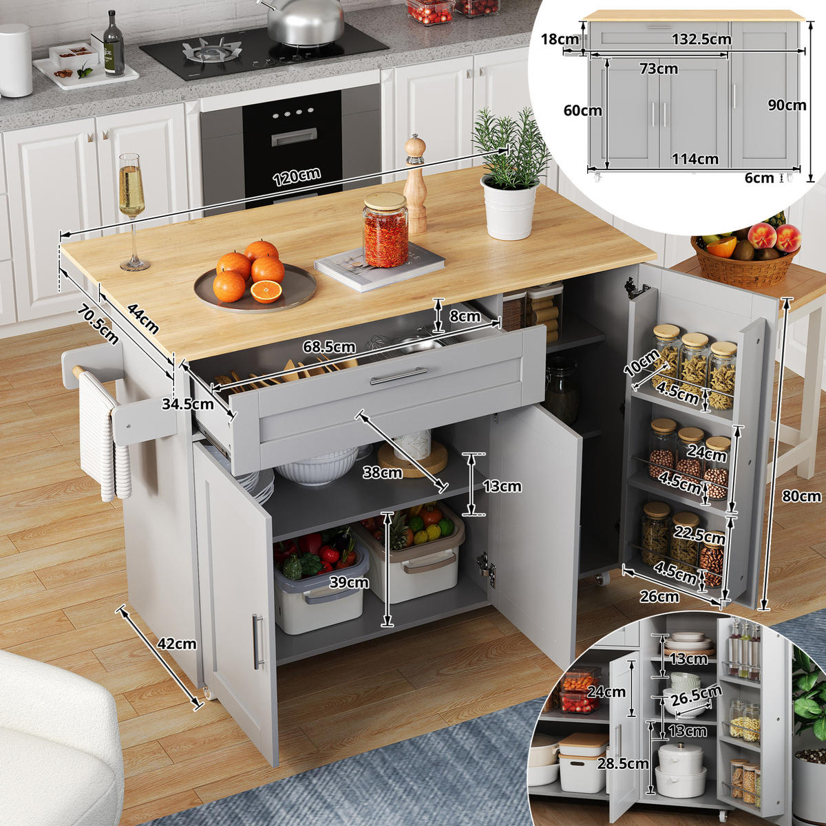 KÜCHENINSEL 132,5/44(70)/90 cm aus MDF mit klappbarer Arbeitsplatte Grau (Eichenoptik) - Grau, Holzwerkstoff (132.5/90/70cm) - Modenvie