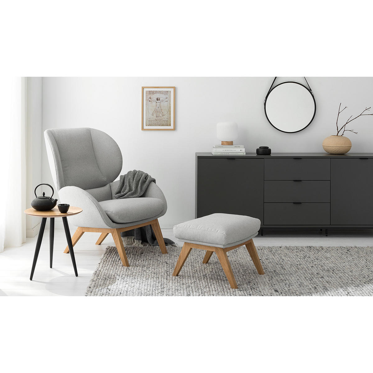 SESSEL - Eichefarben/Hellgrau, Eichenholz/Textil (82/102/90cm) - home24