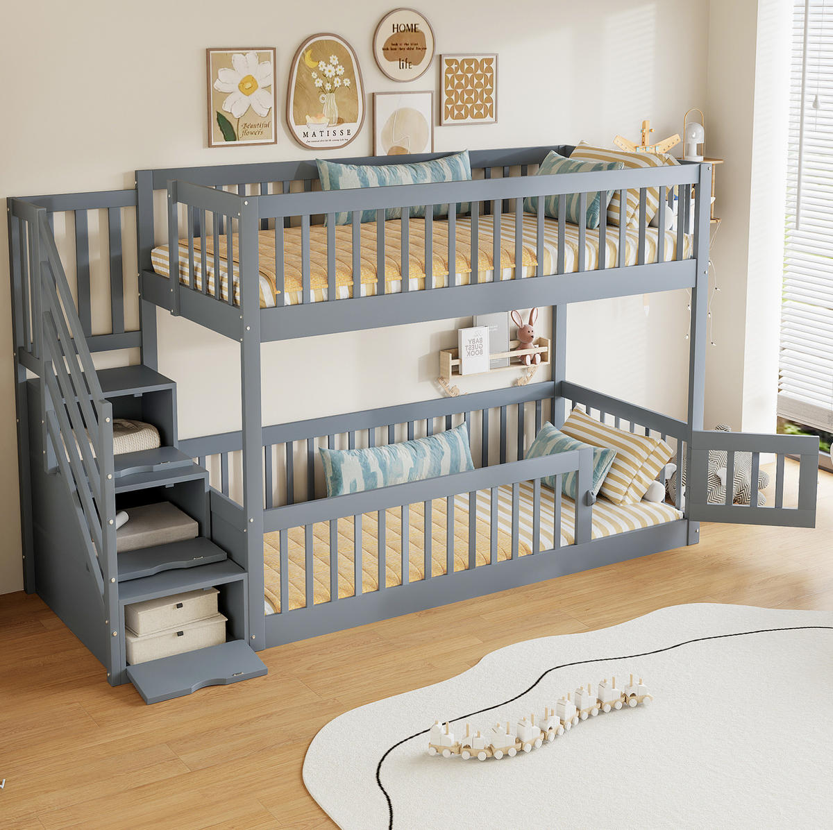 ETAGENBETT mit Stauraumtreppe 90x200 cm Massivholz Grau - Grau, Holzwerkstoff (90/200cm) - Beauniv