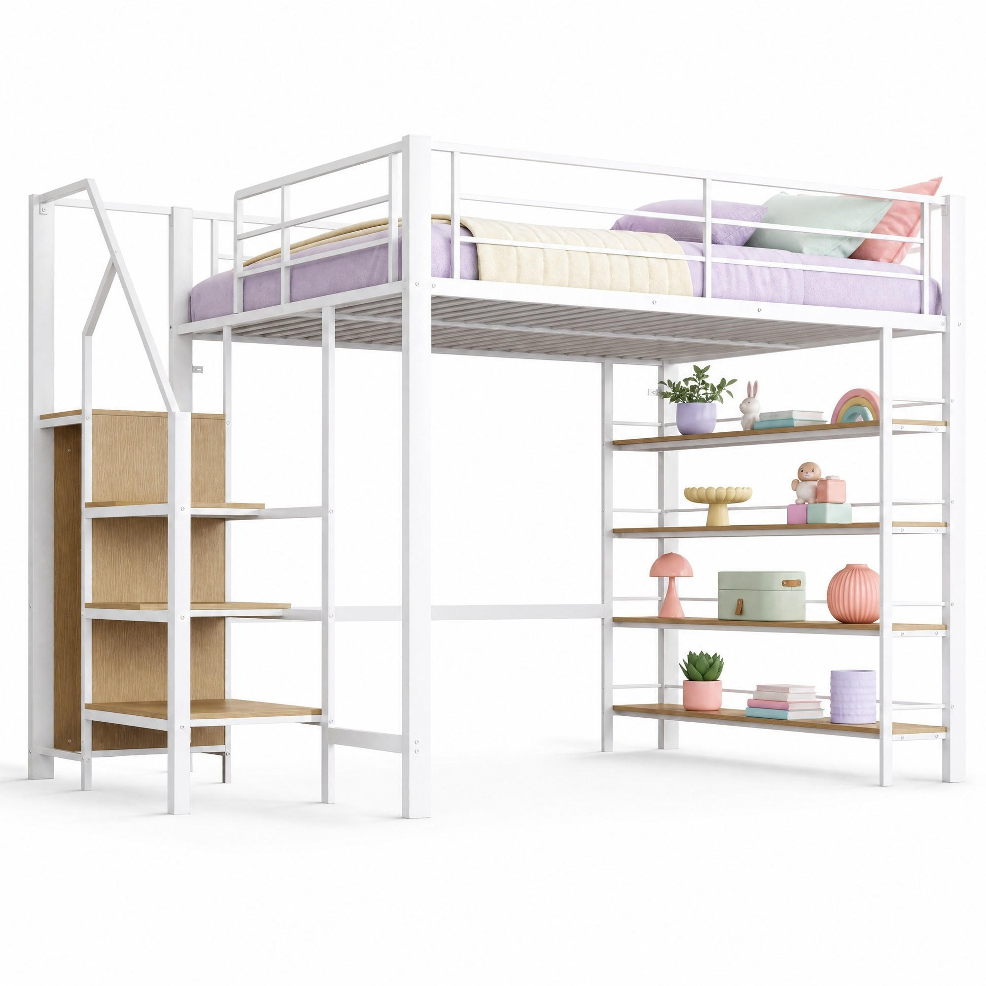 HOCHBETT 140/200 mit Sicherheitstreppe, Stauraum und Kleiderschrank in Weiß - Weiß, Holzwerkstoff/Metall (140/200cm) - EVRYAE
