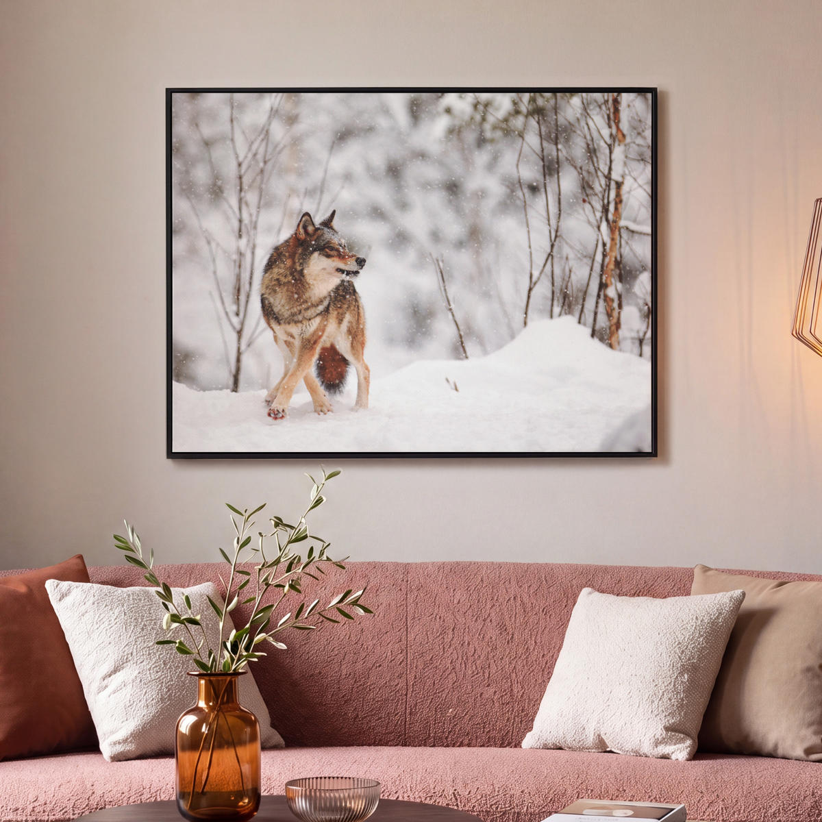 LEINWAND Bilder mit Rahmen - Wolf - Winter - Schnee - Natur - Tiere - 100x70 - Haselnussfarben, Textil (100/70cm) - MuchoWow