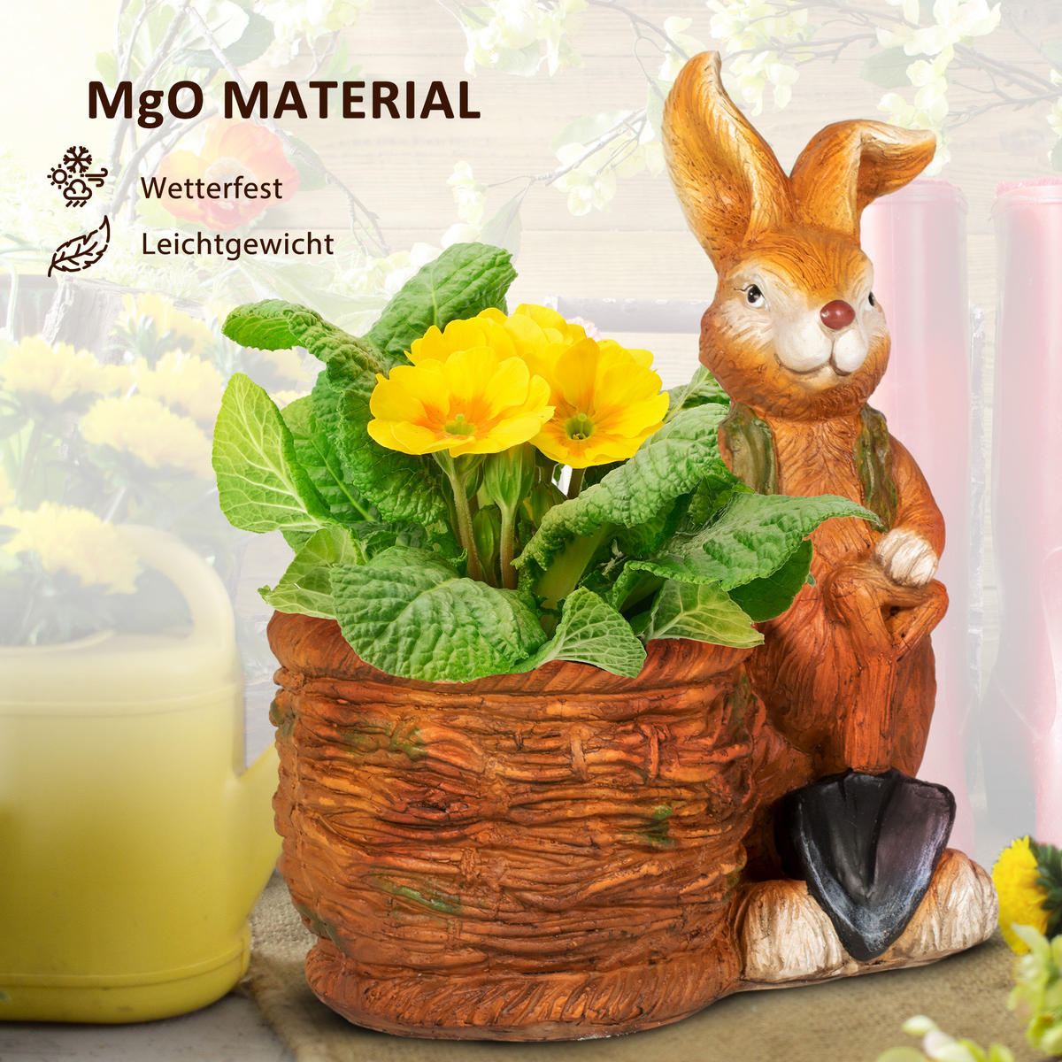 BLUMENTOPF, mit "Hase mit Weidenkorb" Design, für Garten, Wohnzimmer, MgO - Braun, Kunststoff (50cm) - Outsunny