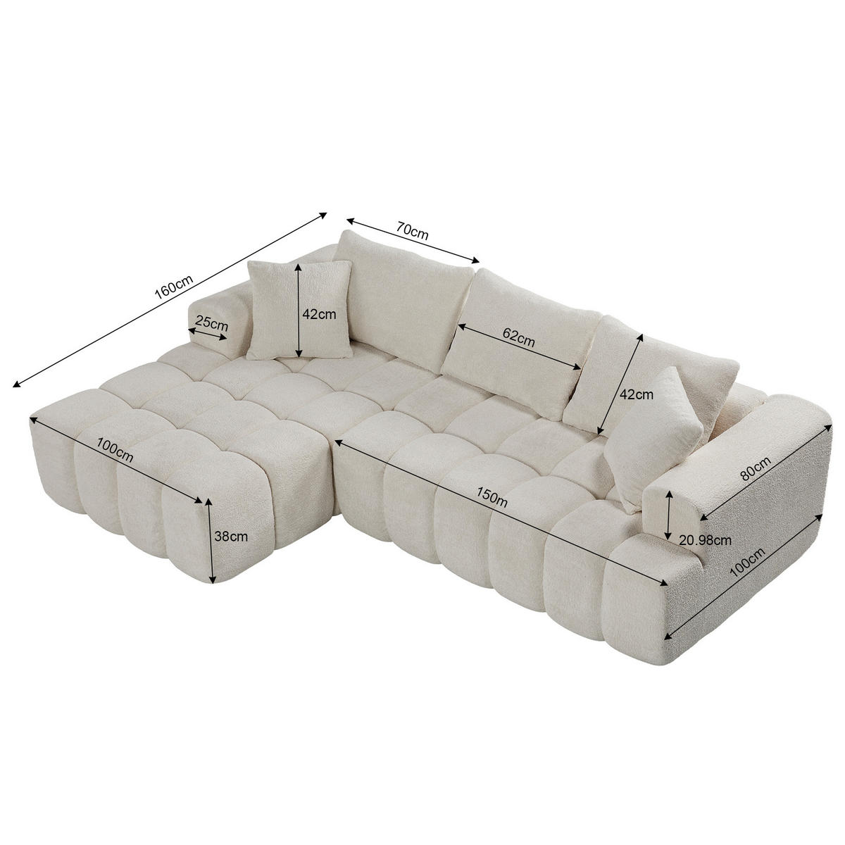 ECKSOFA 249,94/124,97/58,98 cm weiß aus Samtstoff modular und bequem - Weiß, Textil (249.94/124.97cm) - OKWISH