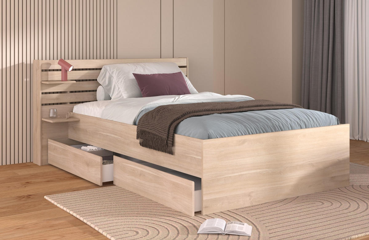 STAURAUMBETT Eiche japanisch, Bett Liegefläche 120 x 200 cm - Eichefarben, Holzwerkstoff/Metall (120/200cm) - Parisot Meuble