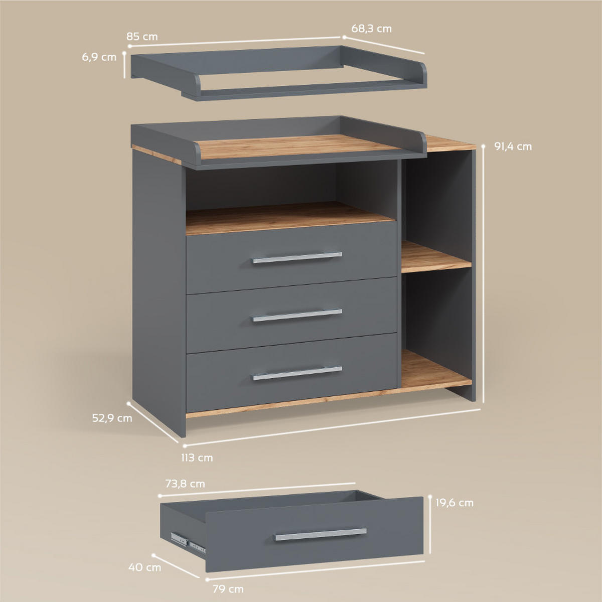 WICKELKOMMODE Torino Anthrazit/Goldkraft Eiche mit 3 Schubladen - Honigeiche/Anthrazit, Holzwerkstoff (113/93/53.1cm) - Livinity®