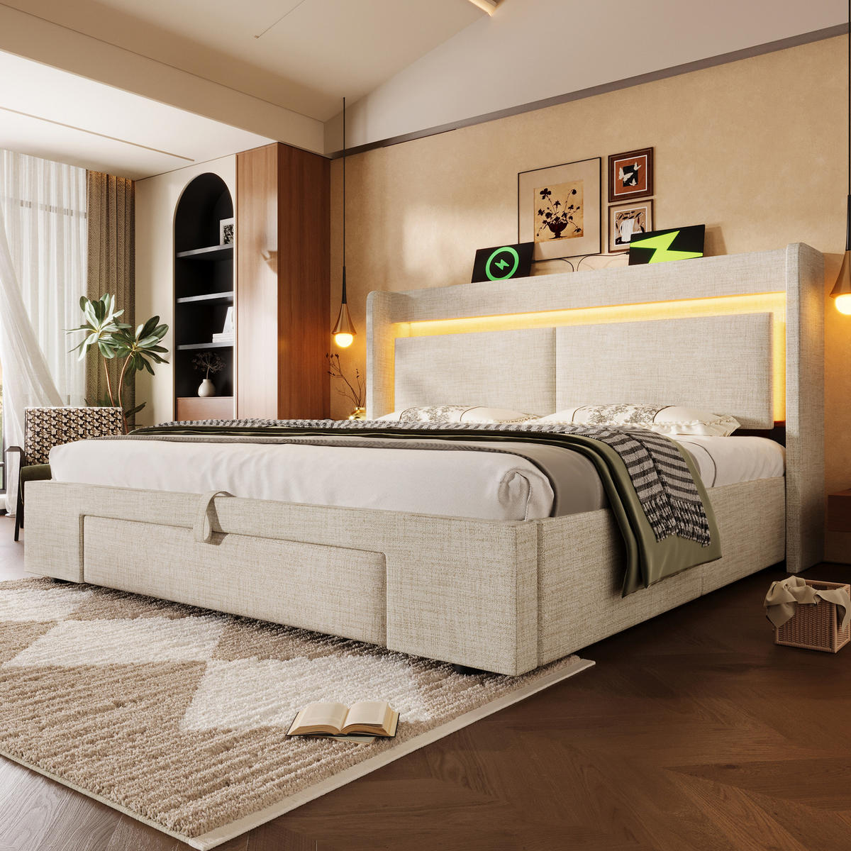 POLSTERBETT 140/200 cm mit LED, USB- und USB-C-Anschluss, hydraulischem Stauraum und Matratze, Beige - Beige, Textil (140/200cm) - Redom