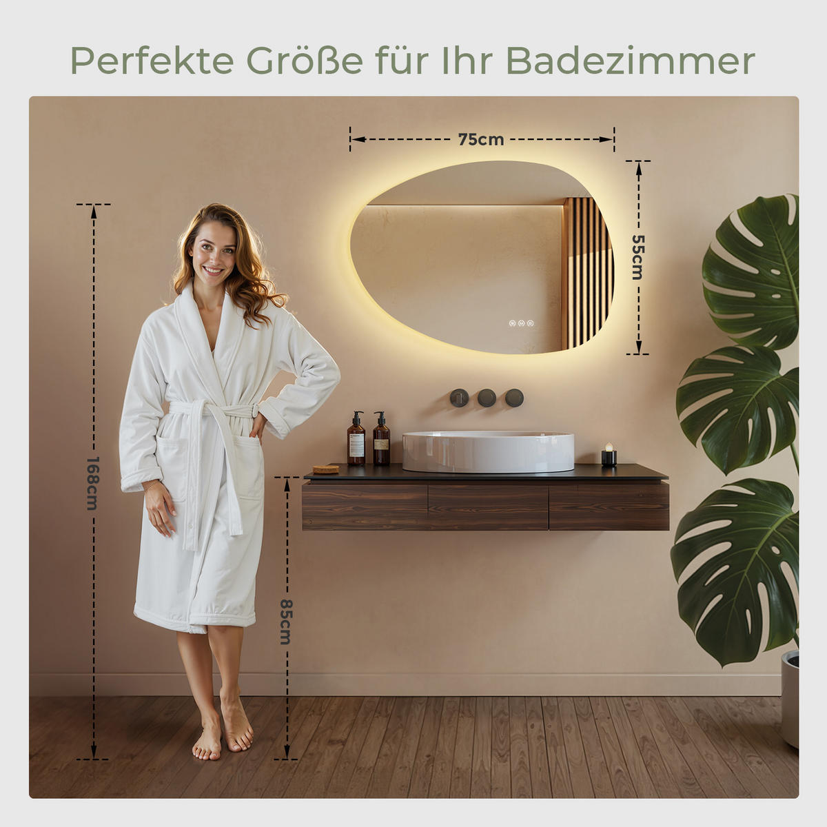 BADSPIEGEL MIT BELEUCHTUNG 75/55 cm asymmetrisch mit dimmbarer LED-Beleuchtung und Antibeschlag - Transparent, Glas (55/75/2.5cm) - S'AFIELINA