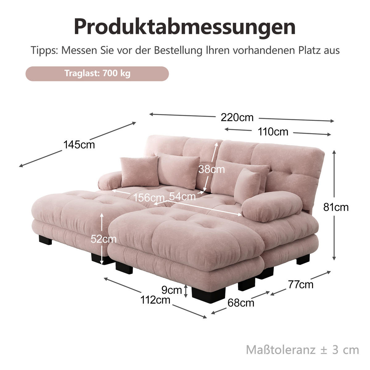 2-SITZER-SOFA DE-34065 modular mit 2 Ottomans Rosa - Pink, Holz (145/81/220cm) - ComfortXL