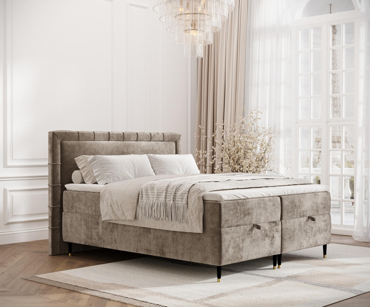 BOXBETT Monpelli Beige 180/200 cm mit Matratze und Topper - Beige/Schwarz, Holz/Holzwerkstoff (180/200cm) - Maison de Reve