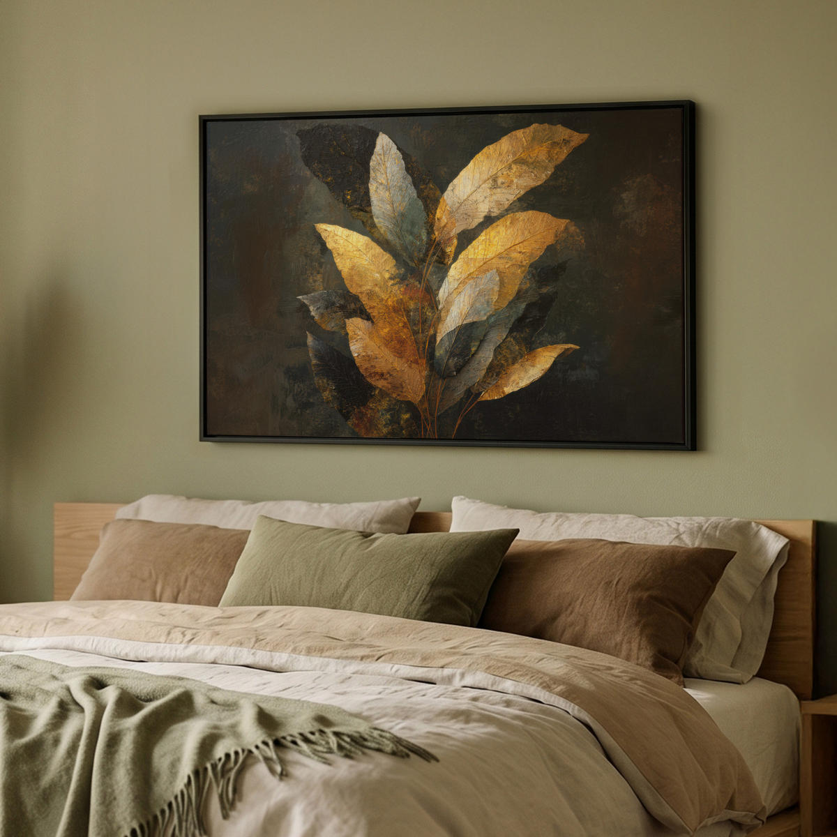 LEINWAND Bilder mit Rahmen - Golden Leaf Komposition - Botanical Luxury - 90x60 - Goldfarben, Textil (90/60cm) - MuchoWow