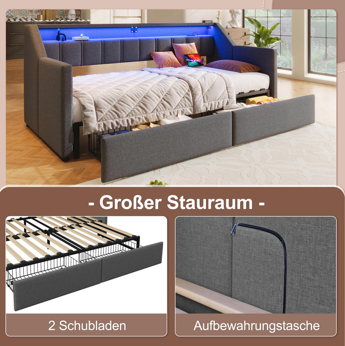 TAGESBETT 90/200 cm aus Leinen mit USB, Type-C, LED-Leiste, 2 Schubladen und Ausziehfunktion, Grau - Grau, Textil (90/200cm) - Redom