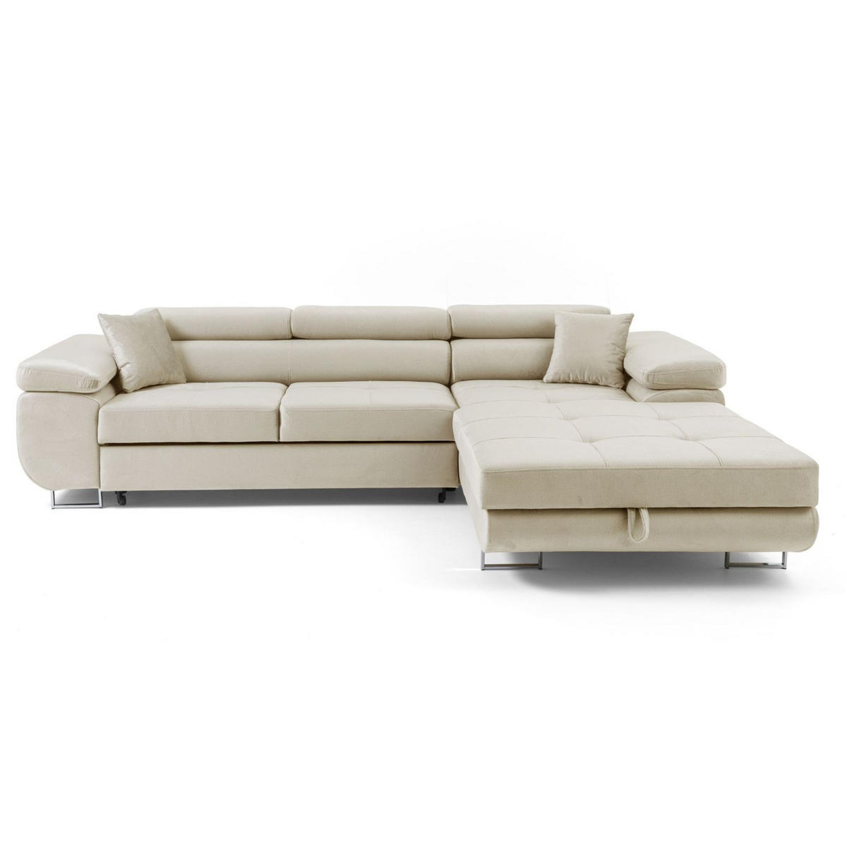 ECKSOFA ALONZO L Rechts mit Schlaffunktion 125x195 Velours Beige - Beige/Silberfarben, Holz/Textil (203/275cm) - Muffo