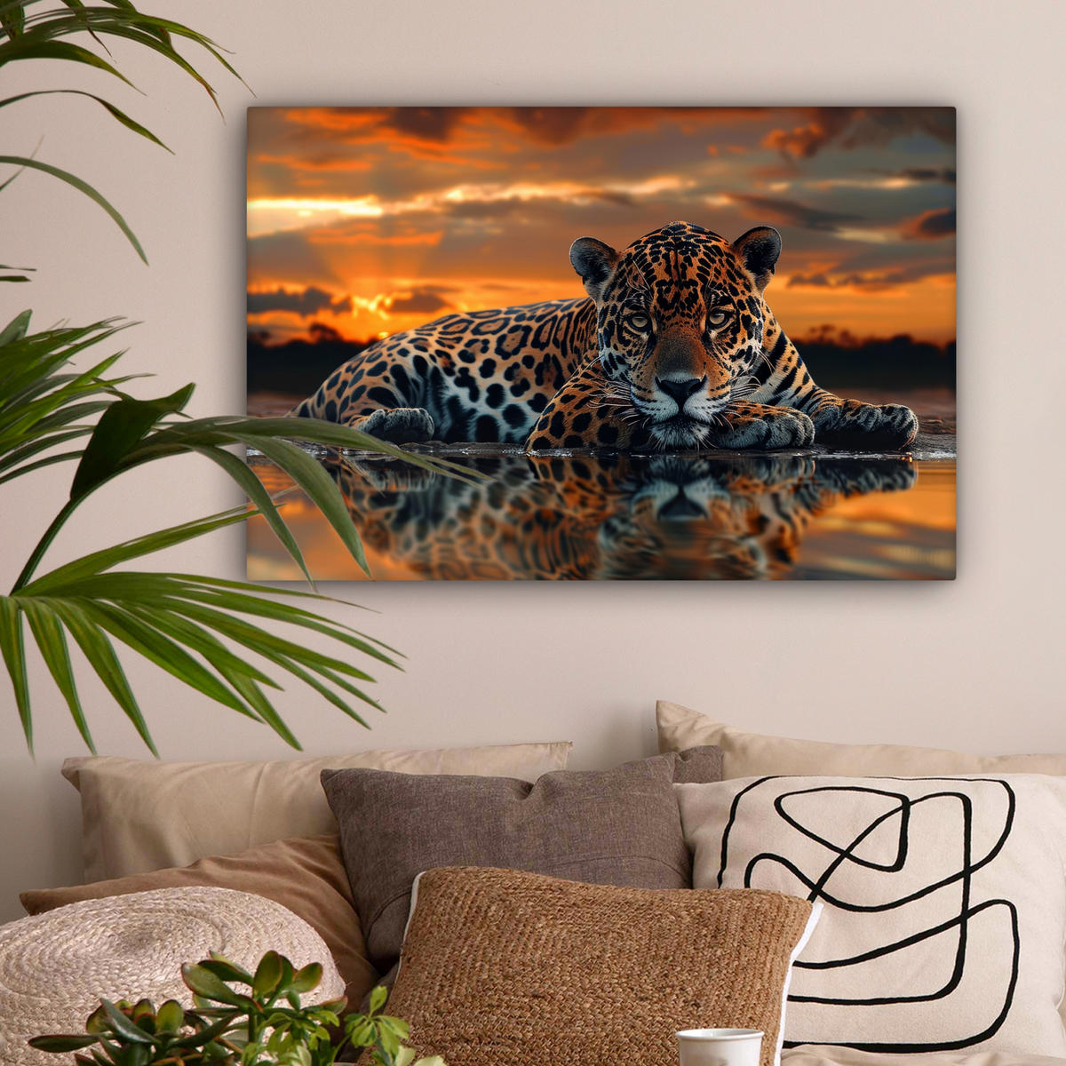 LEINWANDBILD Natur - Leopard - Tier - Sonnenuntergang - Modern Wanddeko 90x60 cm - Orange, Textil (90/60cm) - MuchoWow