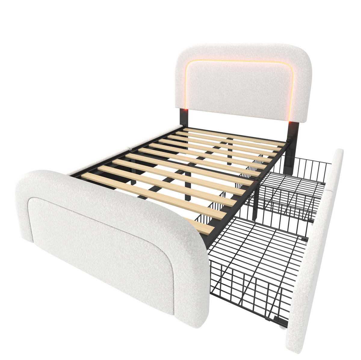 BETT mit Matratze, USB-C, LED und 2 Schubladen 90x200 cm Sherpa Weiß - Weiß, Metall (90/200cm) - Meubliv