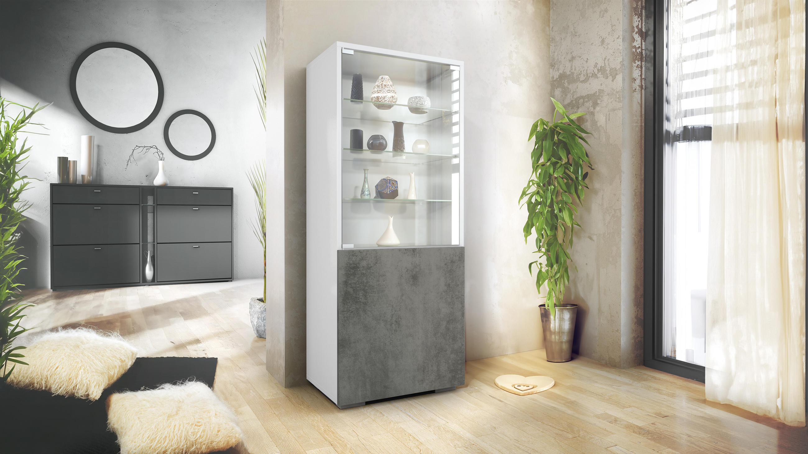VITRINE Granada Beton Dunkel Optik - Dunkelgrau, Holzwerkstoff (50/122.5/34.5cm) - Vladon