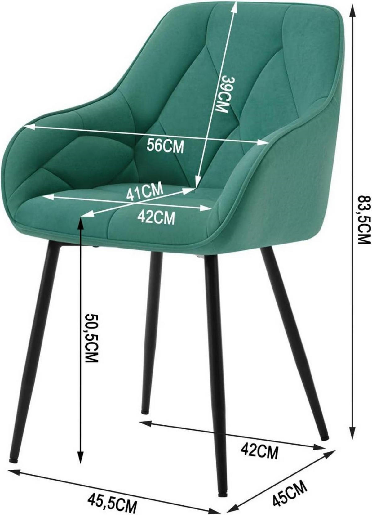 ESSZIMMERSTUHL 2er Set ergonomisch, aus Samt, Türkis - Türkis/Schwarz, Kunststoff/Textil (56/83.5/53cm) - Woltu