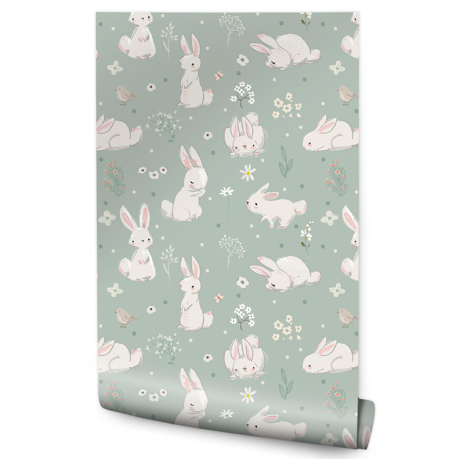 VLIESTAPETE Häschen, Vögel und Blüten – Mint, Rosa, Weiß – 50x1000 cm - Rosa/Weiß, Papier (50/1000cm) - Muralo