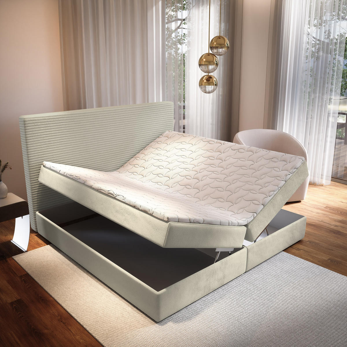 BOXBETT GIARRO 180x200 cm mit Matratze und Topper - Creme - Creme, Holz (180/200cm) - MASSENO