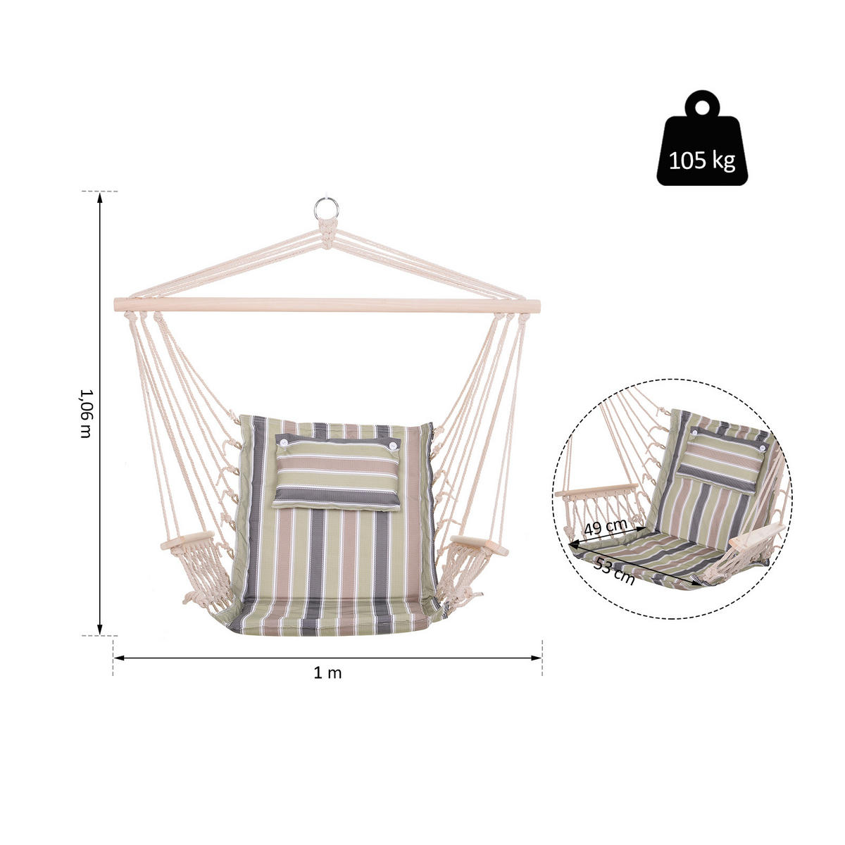 HÄNGESESSEL DE-15226 100/49/106 cm mit Macramé Mehrfarbig gestreift - Beige, Metall (49/106/100cm) - ComfortXL
