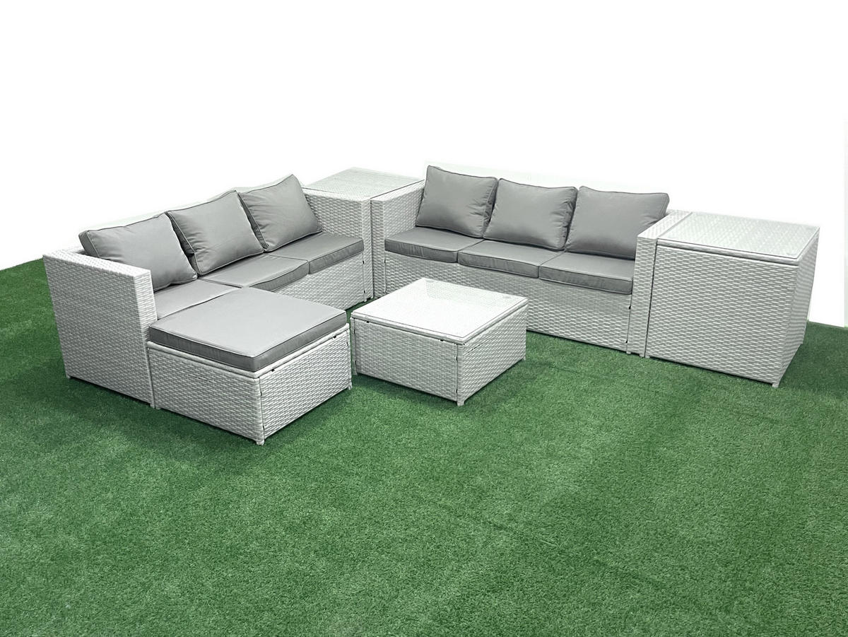 GARTENMÖBEL-SET mit Kissen Polyrattan Hellgrau-Mix 7-Sitzer - Hellgrau/Grau, Glas/Kunststoff - Fimous