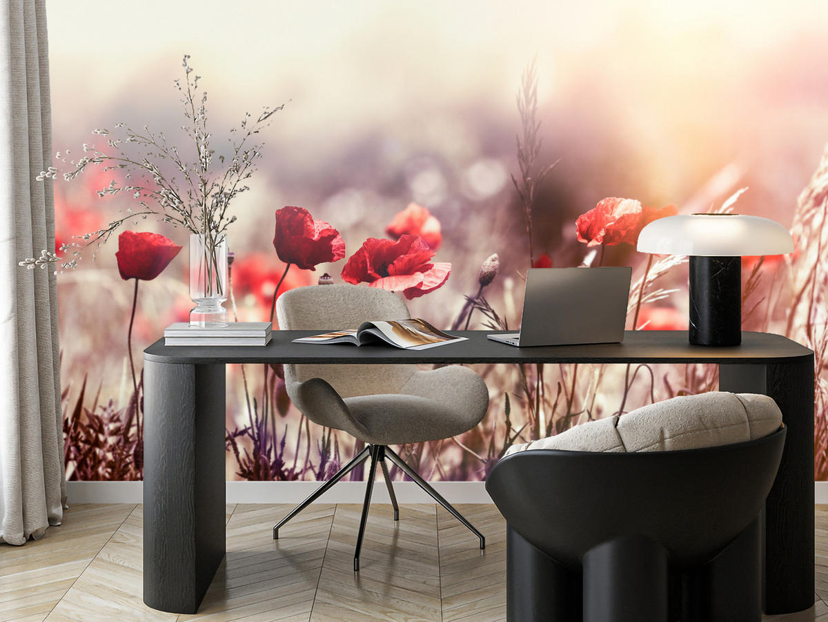 FOTOTAPETA Pre Jedáleň Poľné Kvety Červená Maková Lúka Slnko 500 x 350 cm - oranžová/hnedá, papier (500/350cm) - Muralo