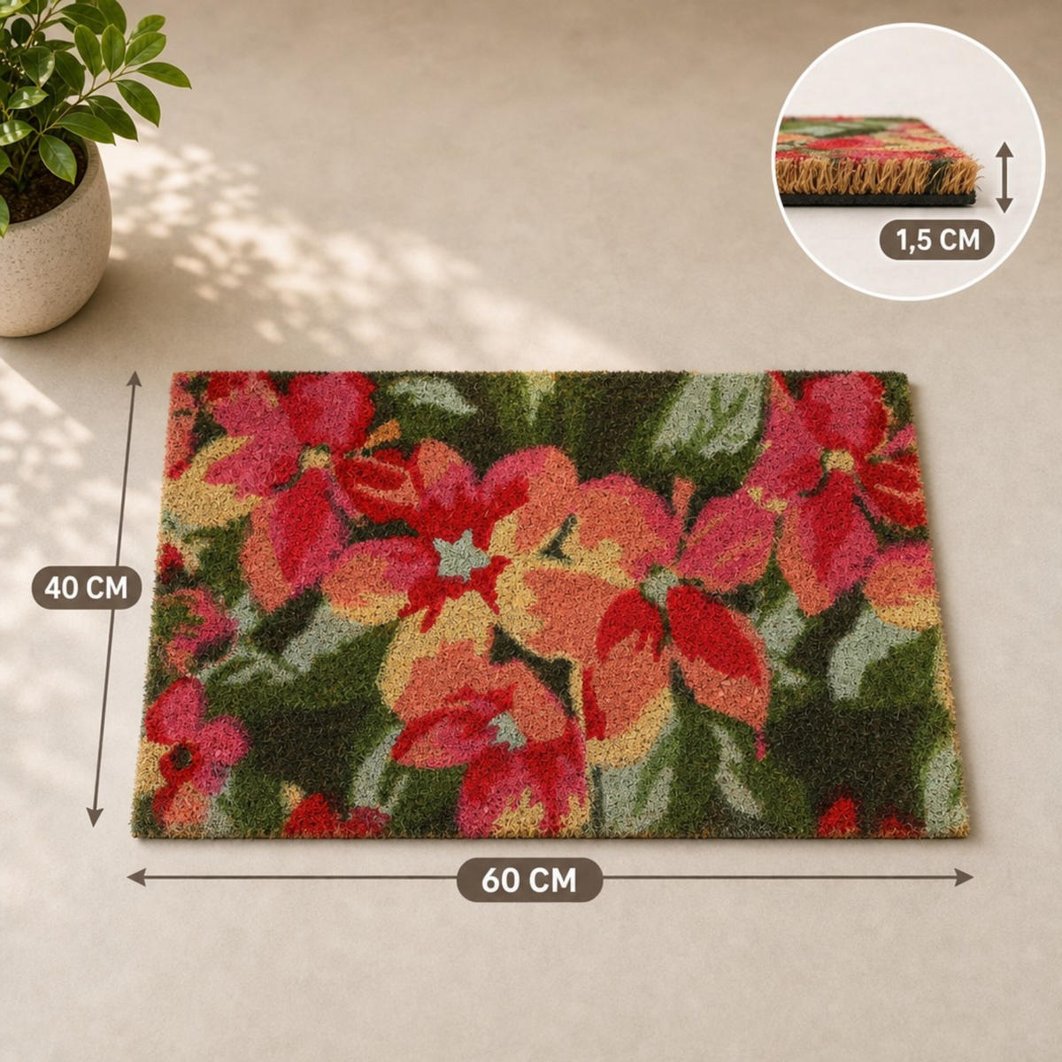FUSSMATTE Mehrfarbig Blütenmotiv rutschhemmend 60x40 cm - Multicolor, Kunststoff/Textil (60/40cm) - Relaxdays