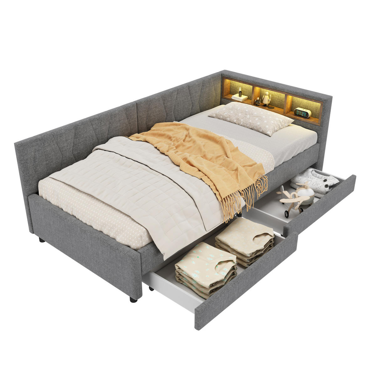 POLSTERBETT 90/200 cm mit Schubladen, LED und USB- und Type-C-Anschlüssen - Grau, Textil (90/200cm) - Flora Grace