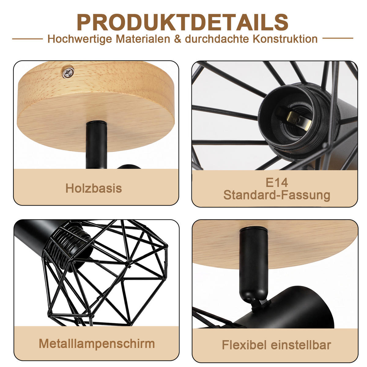 DECKENSTRAHLER Cynthveth 11.5/9.2/12.8 cm - Schwarz/Braun, Holz/Metall (11.5/9.2/12.8cm) - ZMH