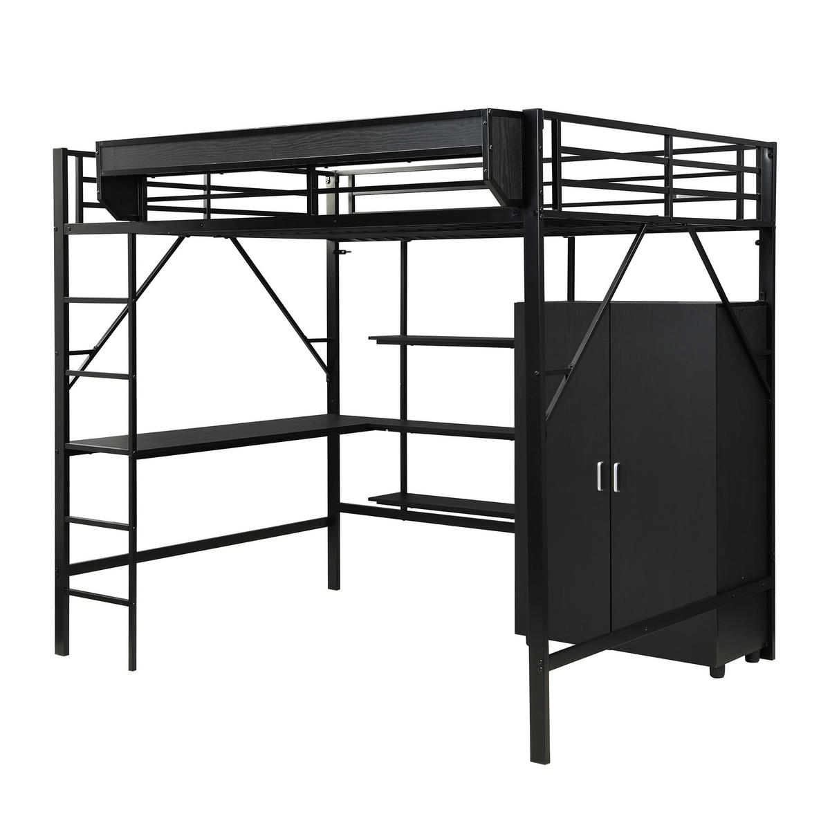 HOCHBETT 140/200 cm DE-02260, in Schwarz, mit Stauraum und Kleiderschrank - Schwarz, Holzwerkstoff/Metall (140/200cm) - ComfortXL