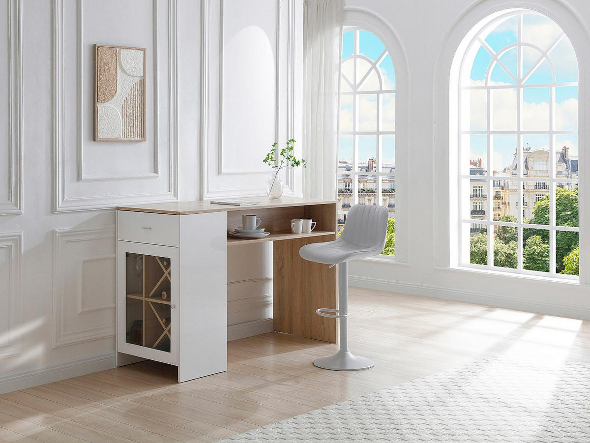 BARTISCH mit Stauraum - Weiß & Holzfarben - NIRAYA - Naturfarben, Holz (150/100/60cm) - Vente-Unique