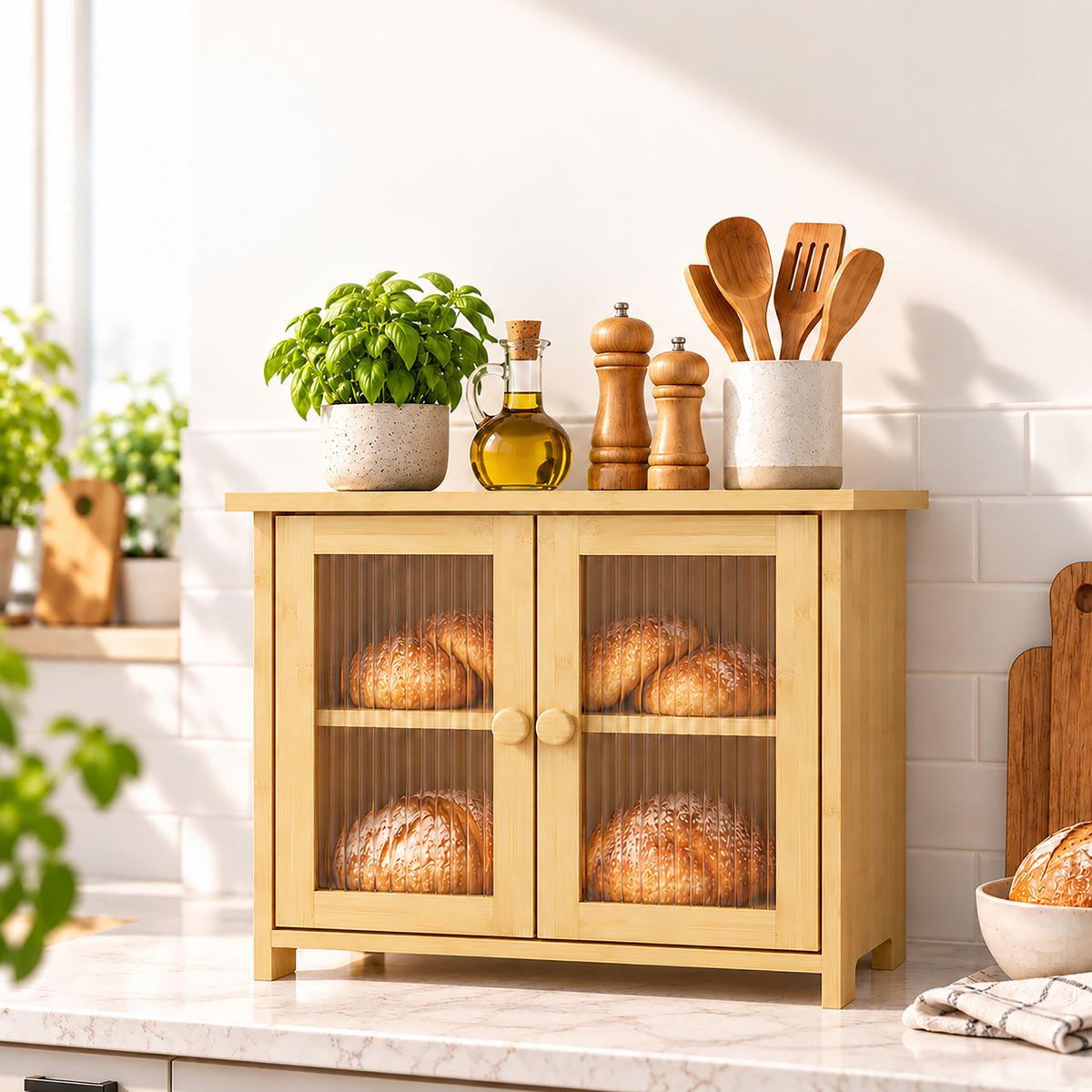 BROTKASTEN Natur Bambus 2 Etagen Sichtfenster 34x36x22 cm - Hellbraun, Holz/Kunststoff (36/34/22cm) - Relaxdays